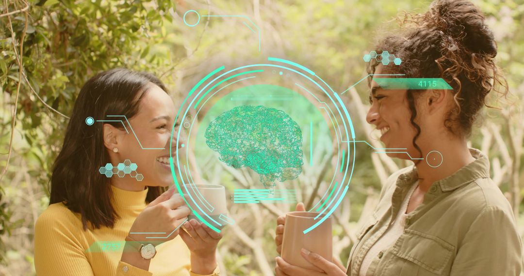 Two women sharing coffee discussing augmented reality brain HUD in garden patio scene