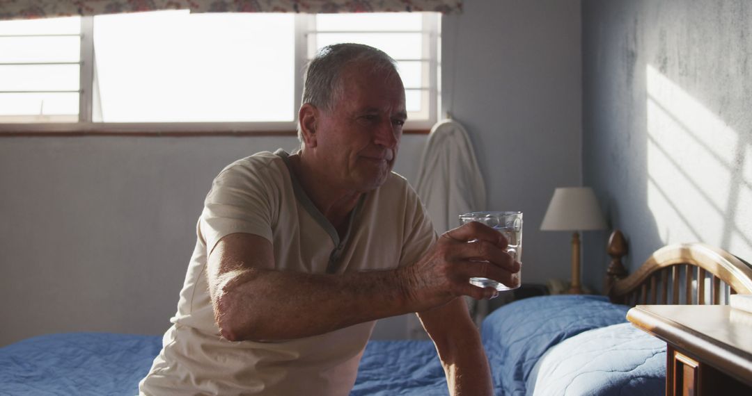 Elderly Man Drinking Glass of Water in Bedroom - Free Images, Stock Photos and Pictures on Pikwizard.com