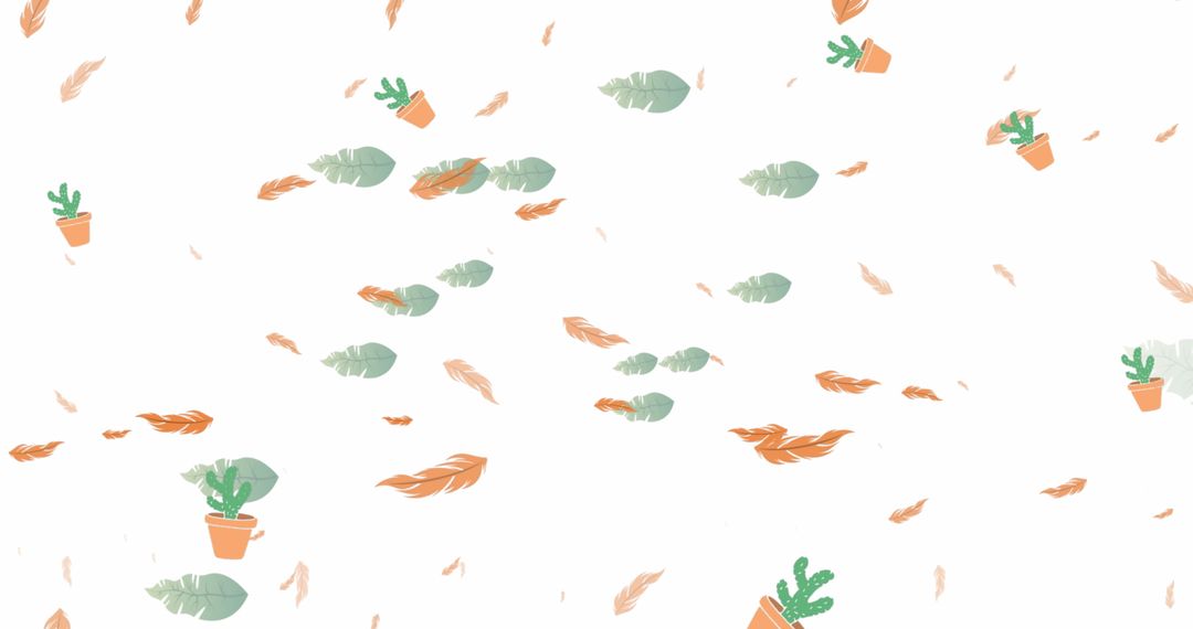 Tropical Pattern with Cacti, Leaves and Feathers on White Background