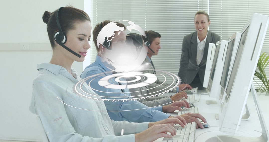 Smiling Office Workers Engaging in Global Communication with Digital Interface