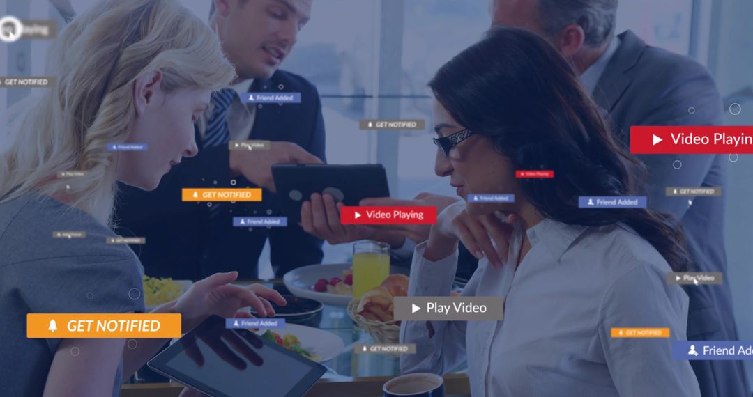Tech Professionals Collaborating with Digital Interface Overlays