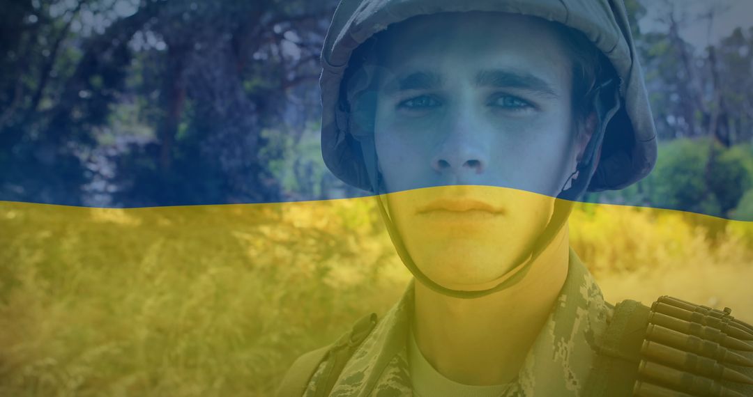 Ukrainian Soldier in Forest Overlaid with National Flag - Free Images, Stock Photos and Pictures on Pikwizard.com