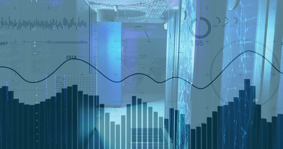Digital Interface Overlaying Server Room with Financial Data