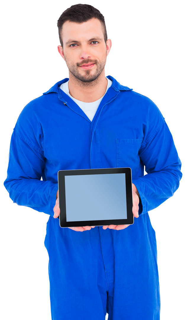 Transparent Mechanic in Blue Holding Tablet Portrait