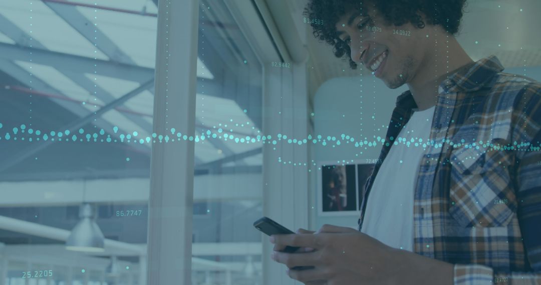 Happy Biracial Chef Using Smartphone Near Window