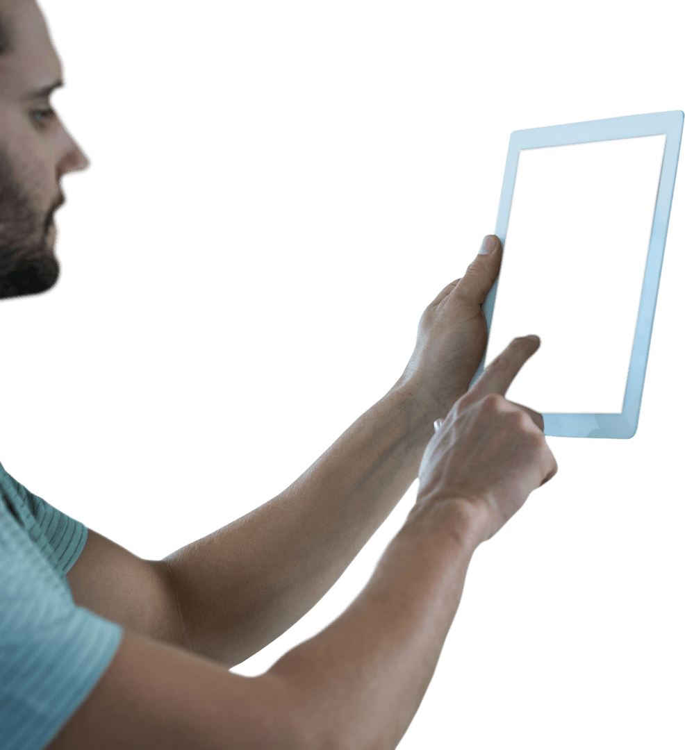 Transparent Background Man Using Digital Tablet for Work