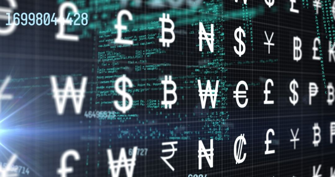 Digital Currency Symbols on Abstract Data Processing Background