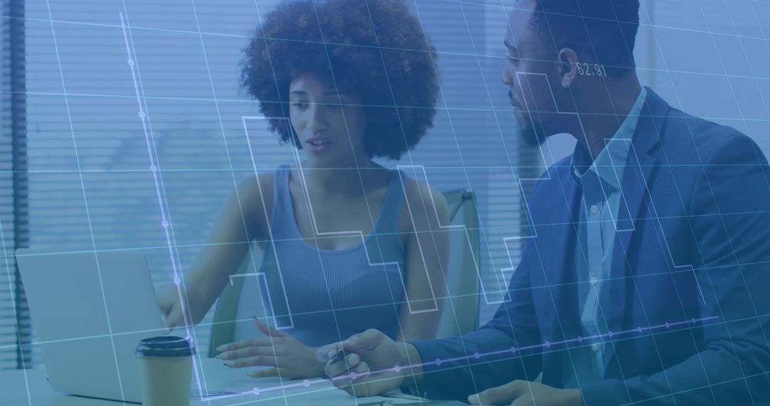 Business Professionals Analyzing Data at Office with Digital Overlay