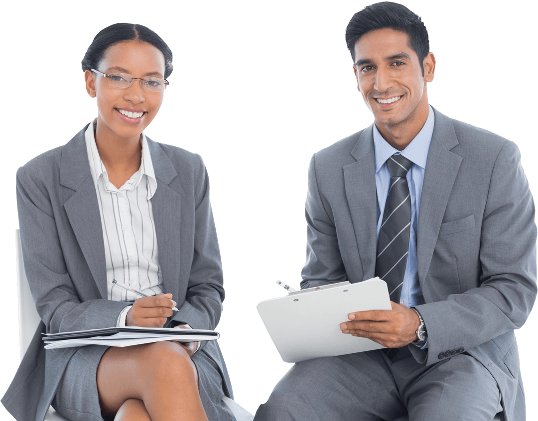 Smiling Business Professionals Reviewing Documents on Transparent Background