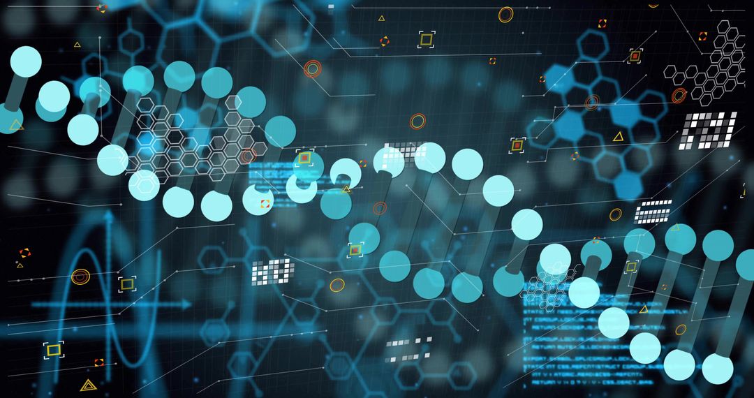 Turquoise DNA Helix Winding Through Futuristic Biotech Interface with Hexagonal Grid