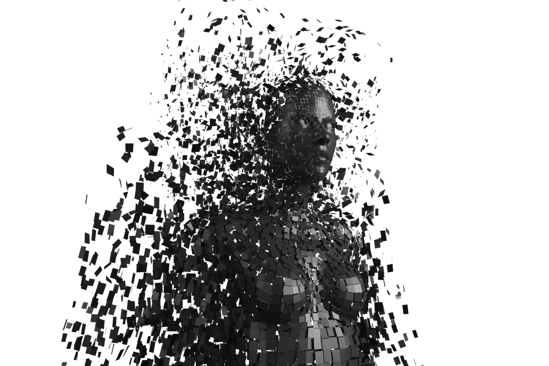 Digital Illustration of Woman with Fragmenting Shapes Transparent Background