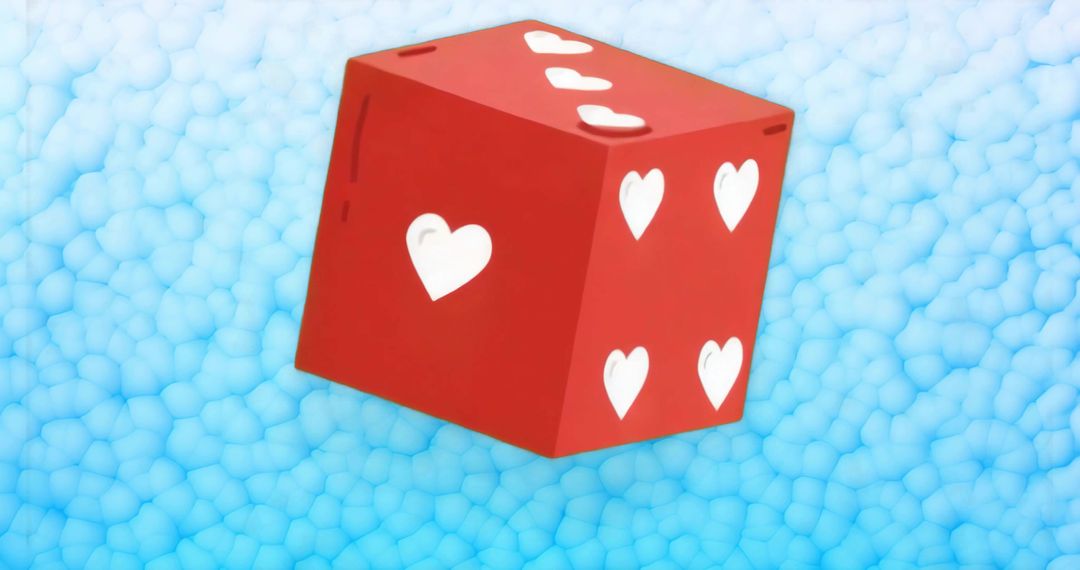 Floating Red Cube Showing White Heart Symbols over Light Blue Pebble Surface