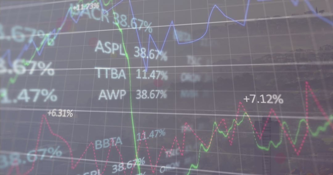 Abstract Financial Data Overlay on Foggy Cityscape