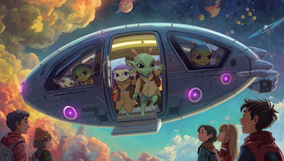 Friendly Alien Encounter at Sunset with Children's Curiosity