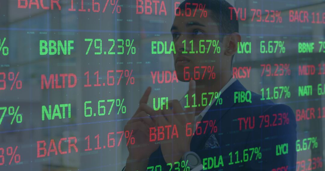 Businessman Analyzing Stock Market Data on Digital Display