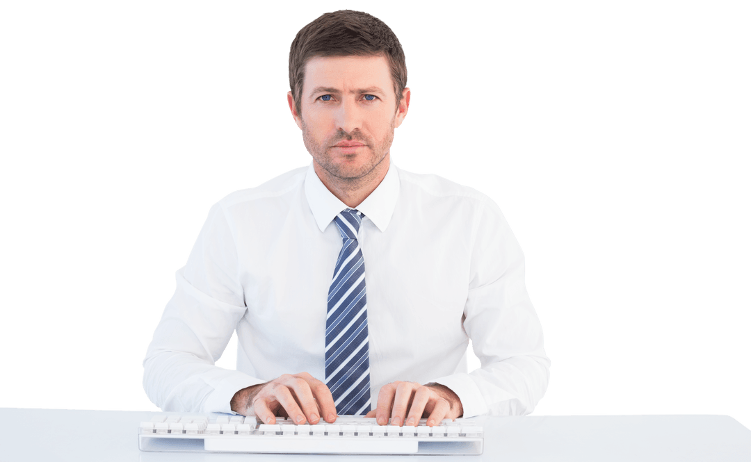 Transparent Businessman Typing on Keyboard at Desk
