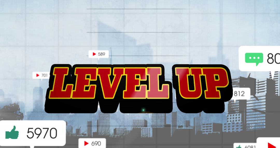 Level Up Message Floating Above Abstract Cityscape