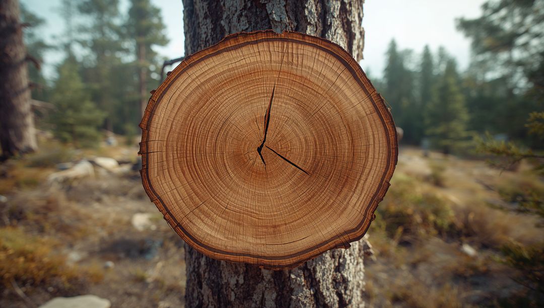 Tree Trunk Slice Revealing Growth Rings in Forest Environment