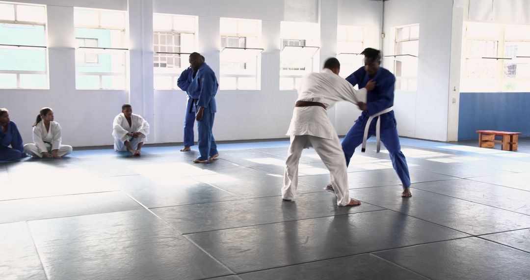 Group Practicing Martial Arts Techniques in Training Studio
