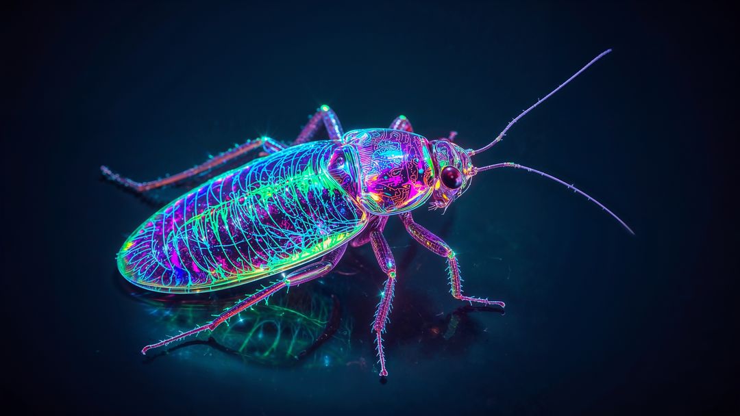 Neon-Glowing Cockroach Macro in Futuristic Lab Setting