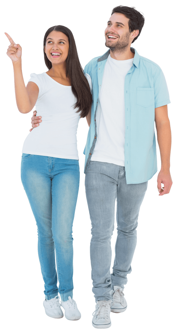 Happy Transparent Casual Couple Smiling and Pointing