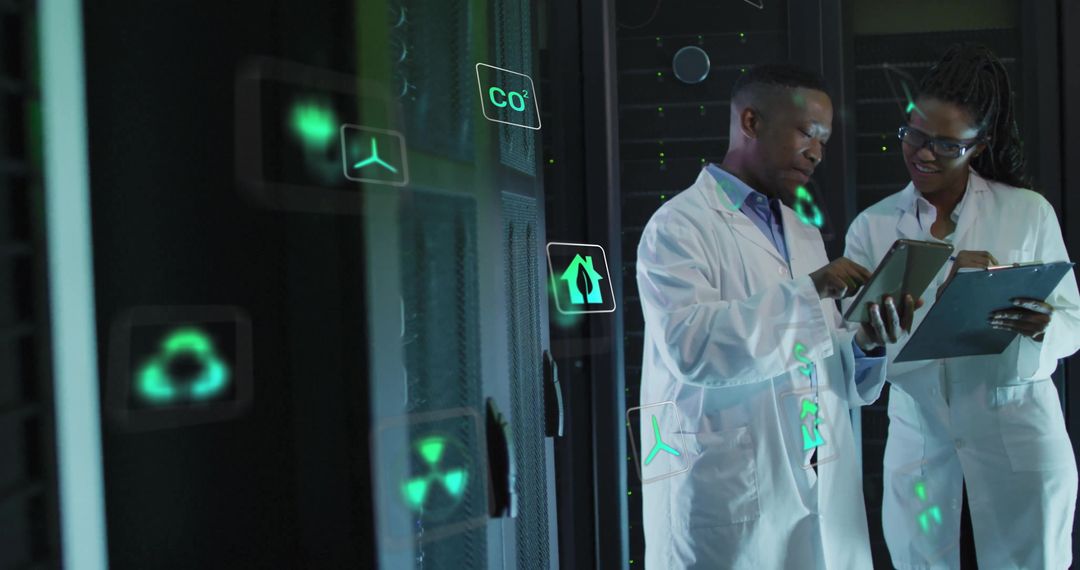 Engineers Using Tablet and Clipboard in Server Room with Futuristic Green Energy Icons