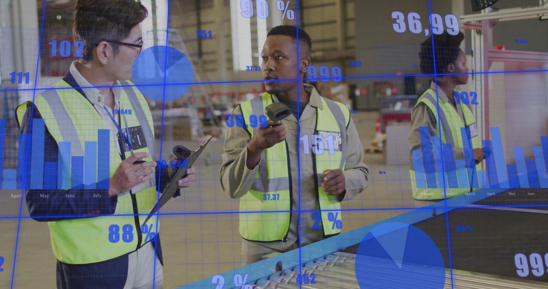 Warehouse logistics team scanning and analyzing conveyor data with digital dashboards