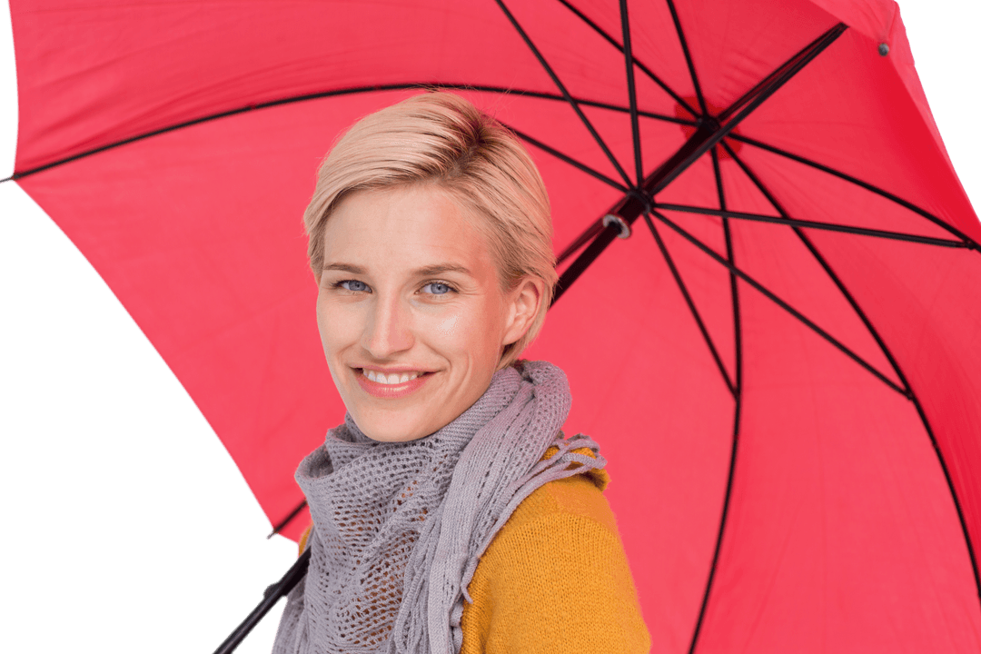 Smiling Woman Holding Red Transparent Umbrella, Bright Positive Background