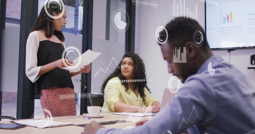 Business Meeting with Digital Data Analytics Overlays