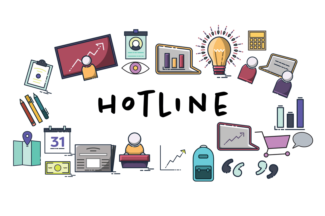 Business Communication Icons and Hotline Text on Transparent Background