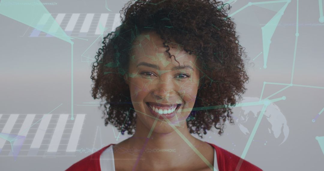 Smiling Woman with Digital Interfaces and Global Connections