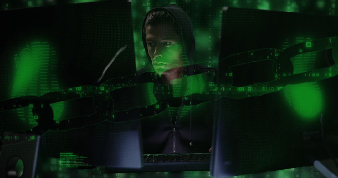 Hacker Analyzing Digital Data with Virtual Blockchain - Free Images, Stock Photos and Pictures on Pikwizard.com