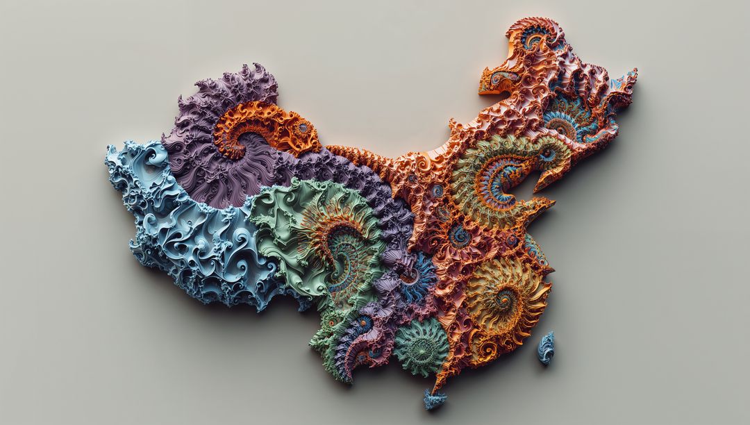 Abstract Fractal Map of China with Vibrant Spiral Patterns