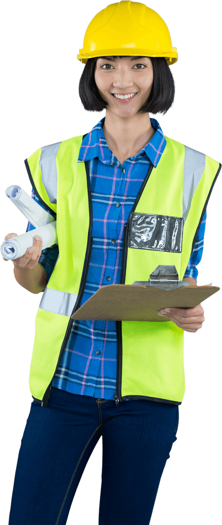 Smiling Architect Wearing Safety Gear Holding Clipboard and Blueprints Transparent