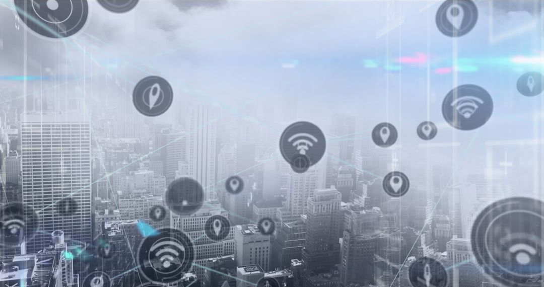 Floating Network Icons Over City Skyline