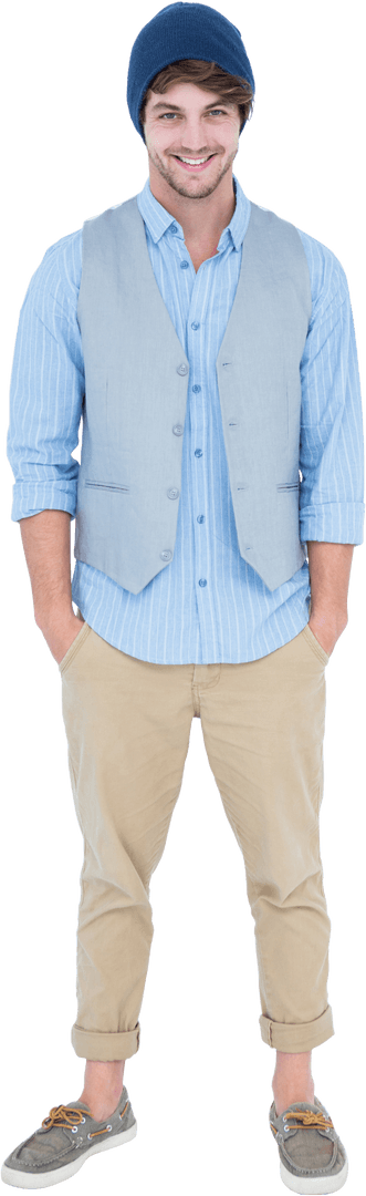 Smiling Man in Casual Outfits with Beanie and Vest Transparent