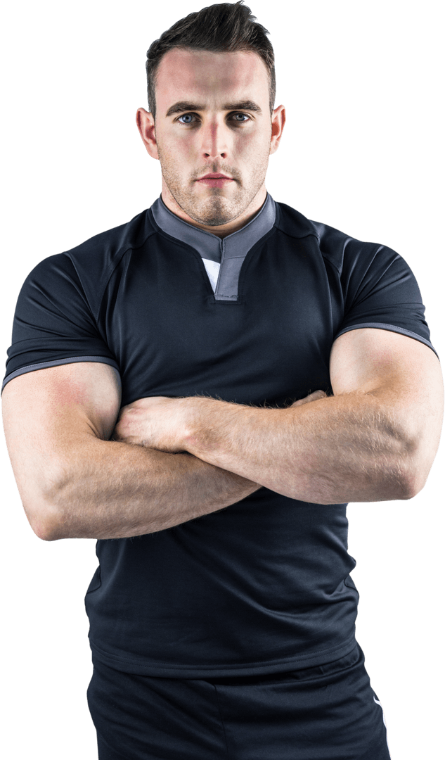 Transparent Tough Rugby Player Standing with Crossed Arms