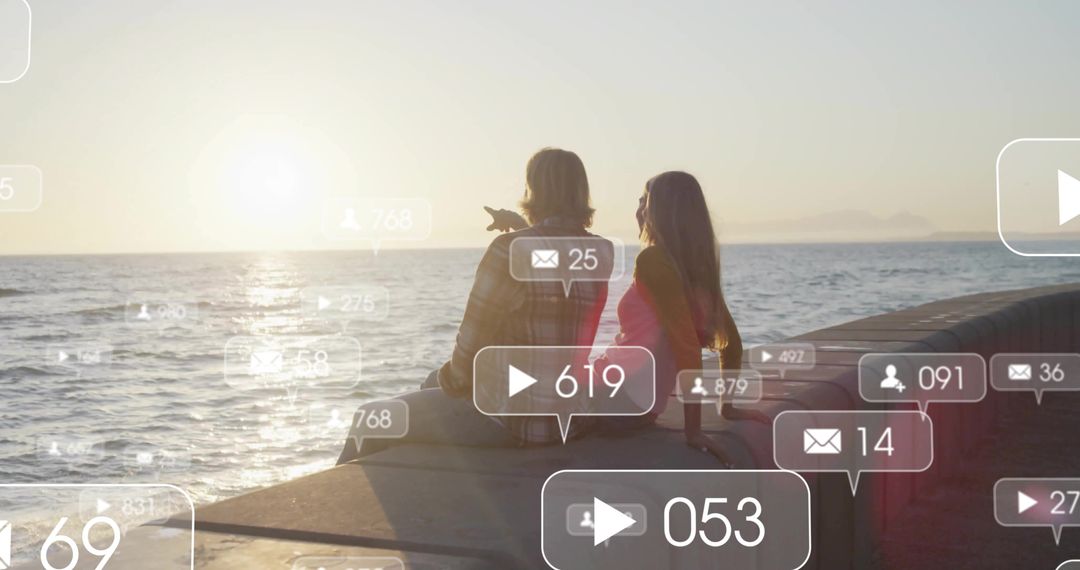 Couple Enjoying Sunset at Seaside Pier with Social Media Overlay