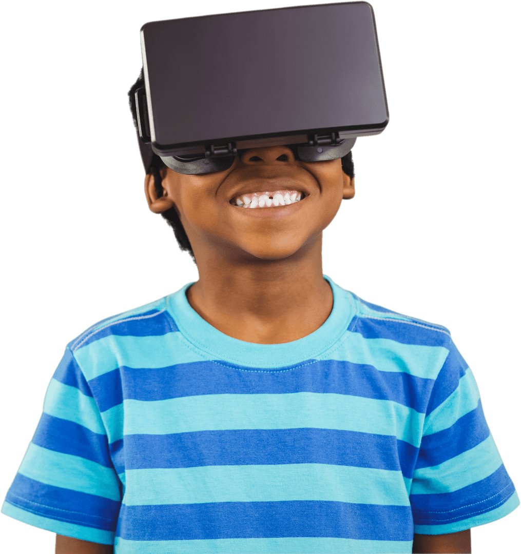Happy African American Boy Experiencing VR on Transparent Background