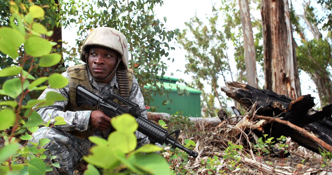 African American Soldier Training Outdoors with Rifle in Forest Environment - Free Images, Stock Photos and Pictures on Pikwizard.com