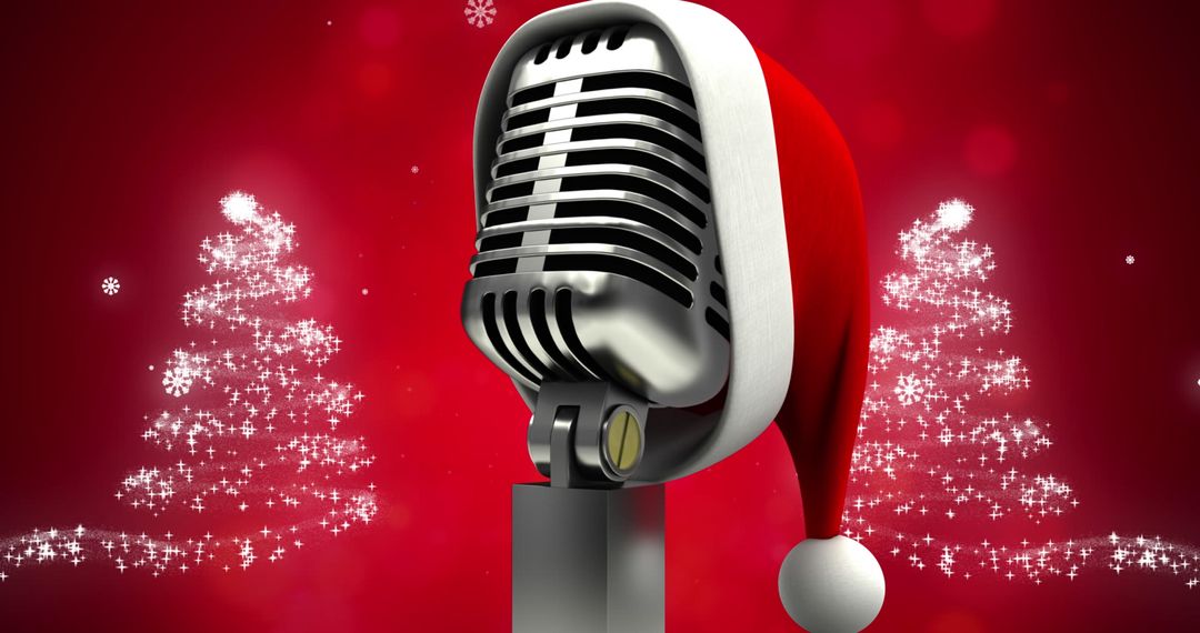 Festive Retro Microphone with Santa Hat on Red Background