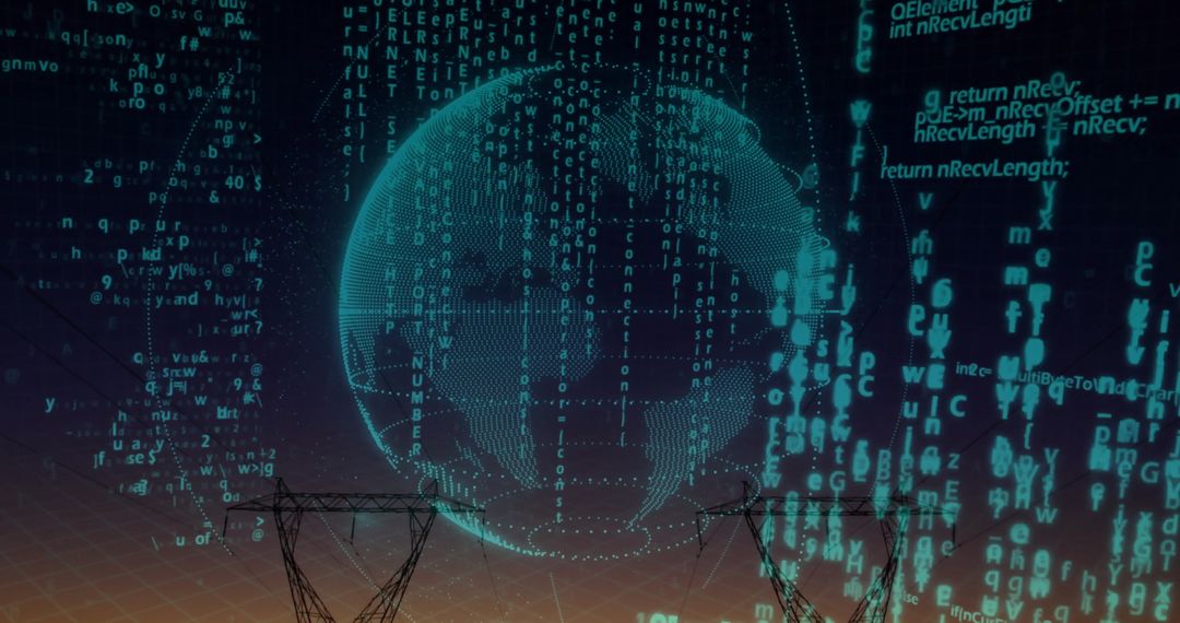 Futuristic Digital Network Display with Globe and Transmission Towers