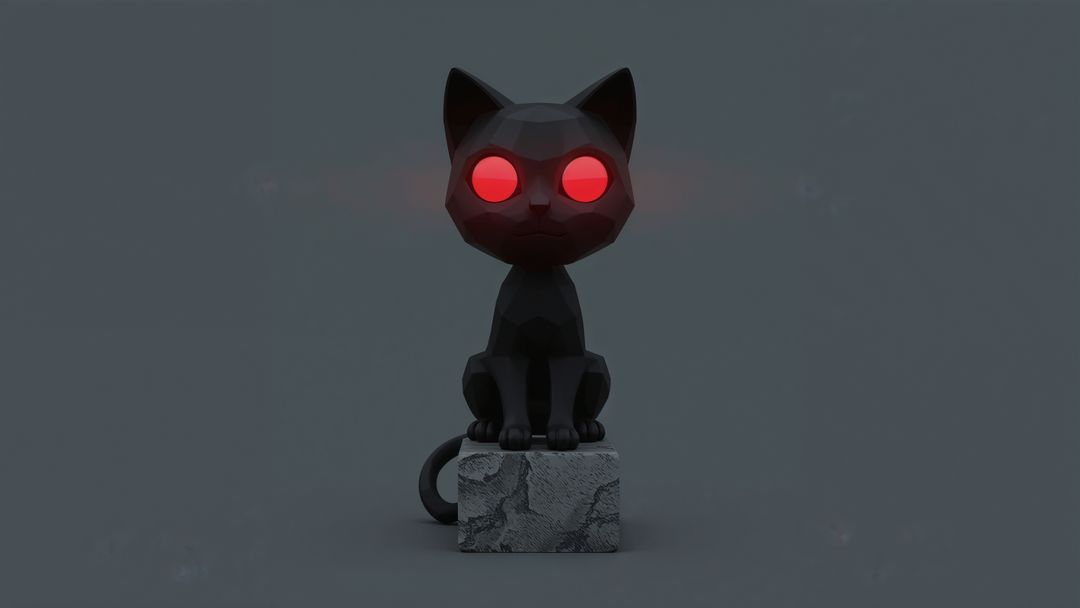 Low-Poly Black Cat Sculpture with Glowing Eyes Against Grey Background