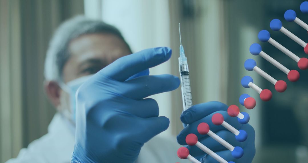 Doctor Preparing Syringe with 3D DNA Structure Overlay