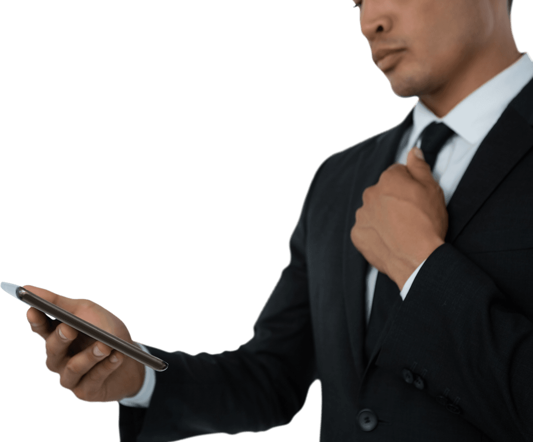Transparent Businessman Fixing Tie While Checking Tablet