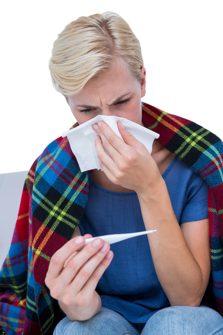 Transparent background woman blowing nose checking thermometer symptoms concept  - Download Free Stock Images Pikwizard.com