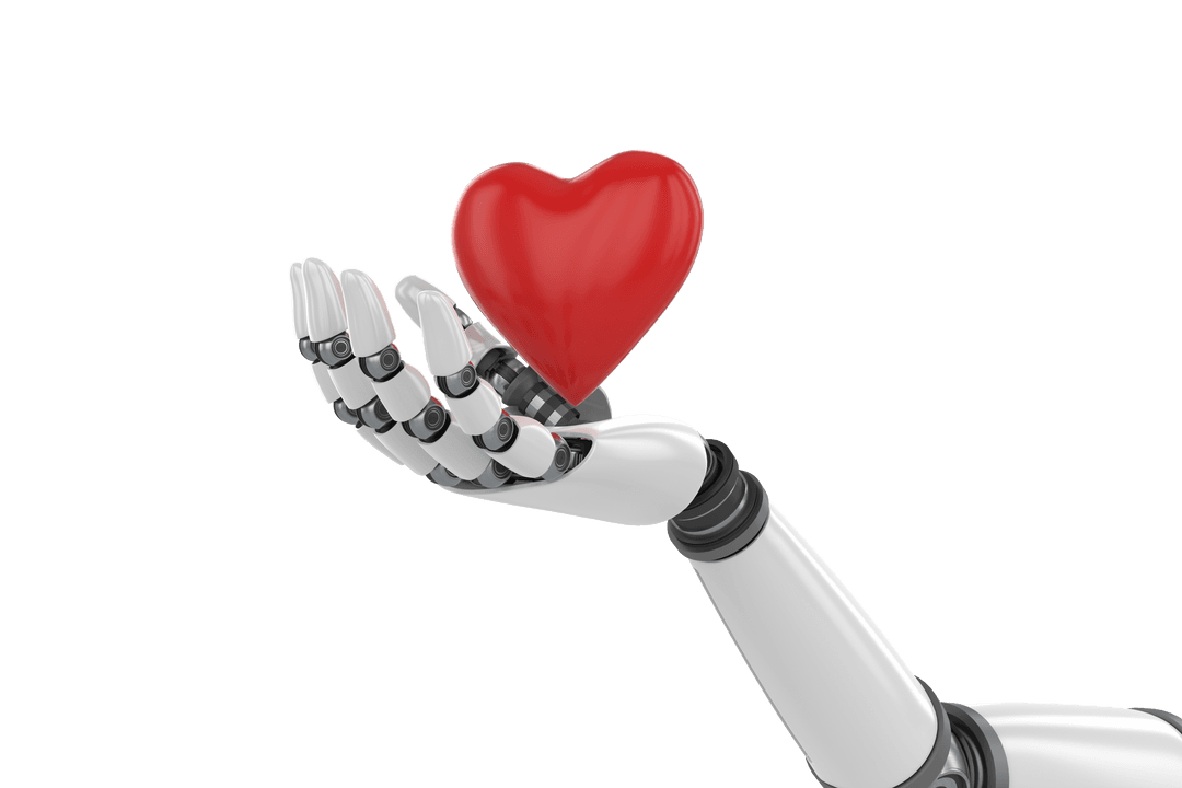 Transparent Cyborg Hand Holding Heart Symbol of Love