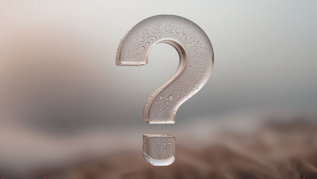 Abstract Glass Question Mark with Dew Drops Over Soft Dusk Desert