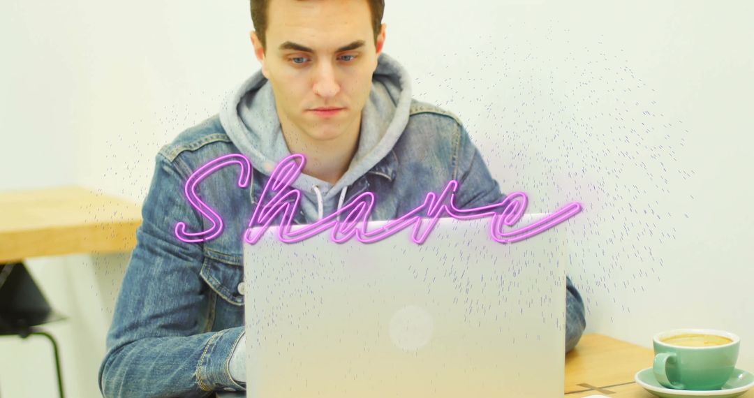 Casual Café Workspace Ambiance with Neon Share Symbol