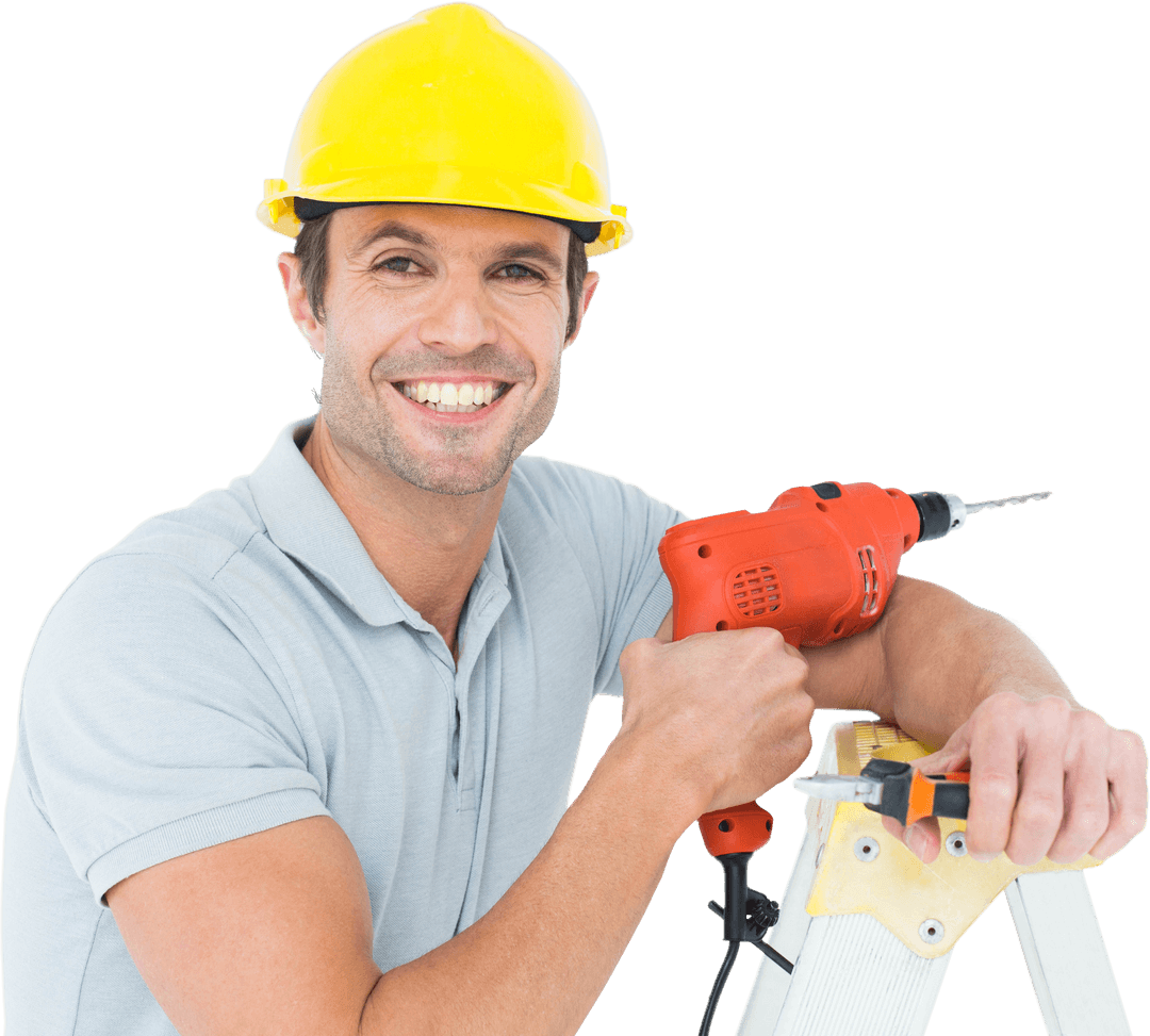 Construction Worker Holding Drill and Smiling in Transparent Background